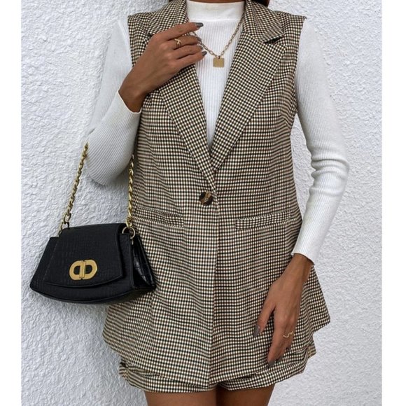 plaid single button waistcoat & shorts set classy chic business casual trending - Picture 3 of 7